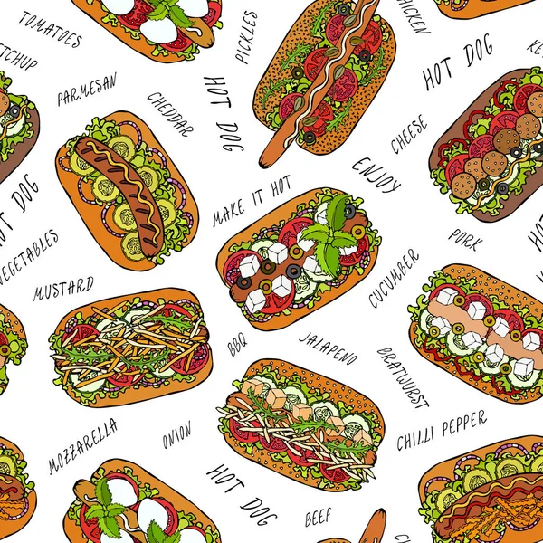Hot Dog ve Lettering Lezzetsiz Sonsuz Desen. Bir sürü malzeme. Restoran ya da Cafe Menü Arkaplanı. Sokak Fast Food Koleksiyonu. Gerçekçi El Çizimi Yüksek Kaliteli Vektör İllüzyonu. Doodle Biçimi