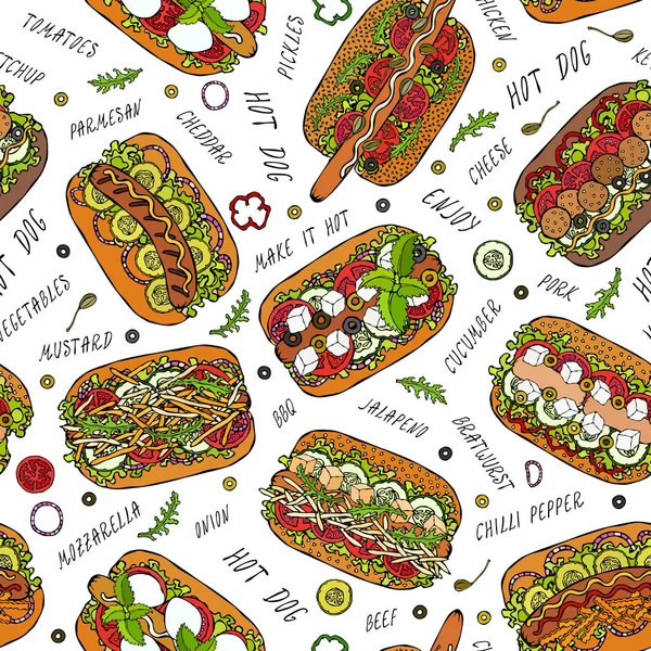 Hot Dog Lettering Modello Senza Cuciture Senza Fine Molti Ingredienti — Vettoriale Stock