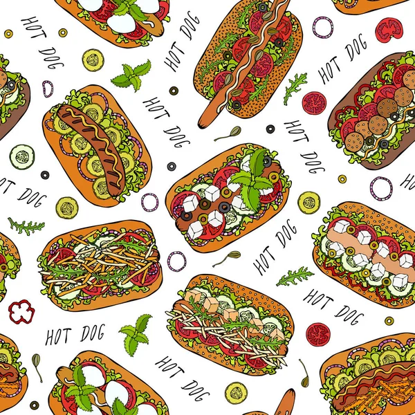 Hot Dog ve Lettering Lezzetsiz Sonsuz Desen. Bir sürü malzeme. Restoran ya da Cafe Menü Arkaplanı. Sokak Fast Food Koleksiyonu. Gerçekçi El Çizimi Yüksek Kaliteli Vektör İllüzyonu. Doodle Biçimi
