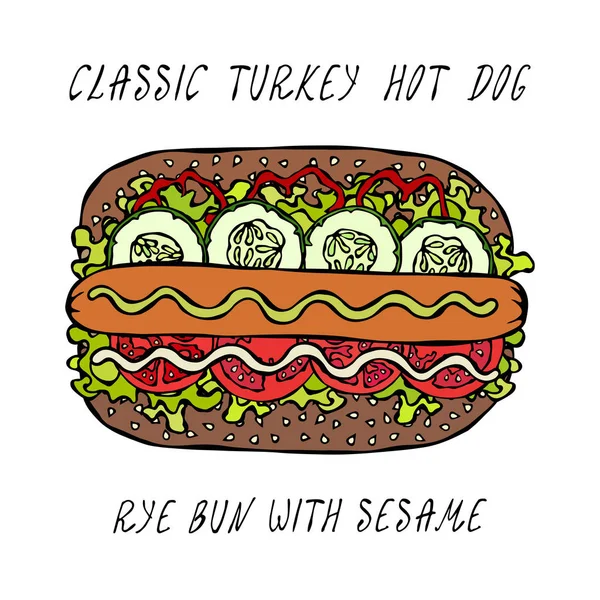 Classic Turkey Hot Dog Bun Gergelim Com Salada Alface Tomate — Vetor de Stock