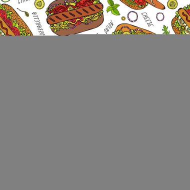 Hot Dog ve Lettering Lezzetsiz Sonsuz Desen. Bir sürü malzeme. Restoran ya da Cafe Menü Arkaplanı. Sokak Fast Food Koleksiyonu. Gerçekçi El Çizimi Yüksek Kaliteli Vektör İllüzyonu. Doodle Biçimi