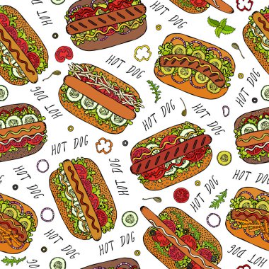 Hot Dog ve Lettering Lezzetsiz Sonsuz Desen. Bir sürü malzeme. Restoran ya da Cafe Menü Arkaplanı. Sokak Fast Food Koleksiyonu. Gerçekçi El Çizimi Yüksek Kaliteli Vektör İllüzyonu. Doodle Biçimi