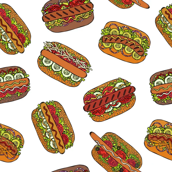 Hot Dog Seamless Endless Pattern Muitos Ingredientes Restaurante Café Menu — Vetor de Stock