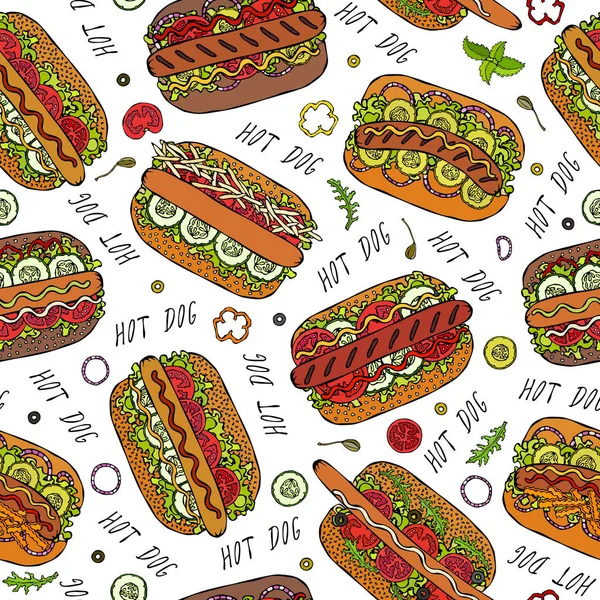 Hot Dog Lettering Seamless Endless Pattern Many Ingredients Restaurant Cafe — Stock Vector