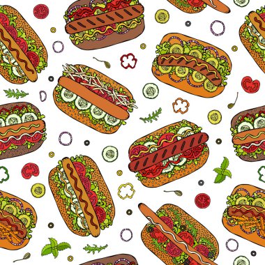 Hot Dog Sonu Olmayan Şablon. Bir sürü malzeme. Restoran ya da Cafe Menü Arkaplanı. Sokak Fast Food Koleksiyonu. Gerçekçi El Çizimi Yüksek Kaliteli Vektör İllüzyonu. Doodle Biçimi