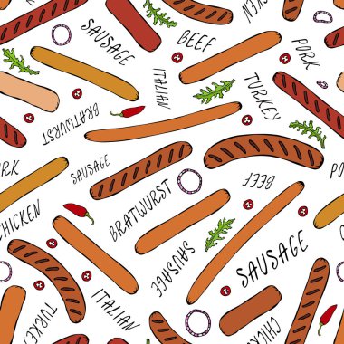 Kusursuz Sonsuz Farklı Sosis Şablonu, Soğan Halkaları, Roket Yaprakları Herb, Biber ve Harfler. Yiyecek Koleksiyonu. Gerçekçi El Çizimi Yüksek Kaliteli Vektör İllüzyonu. Doodle Biçimi