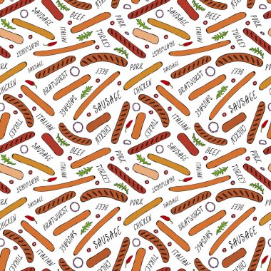 Kusursuz Sonsuz Farklı Sosis Şablonu, Soğan Halkaları, Roket Yaprakları Herb, Biber ve Harfler. Yiyecek Koleksiyonu. Gerçekçi El Çizimi Yüksek Kaliteli Vektör İllüzyonu. Doodle Biçimi