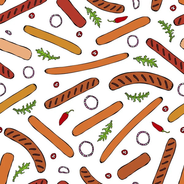 2009 Seamless Endless Background Pattern Different Sausages Onion Rings Rocket — 스톡 벡터