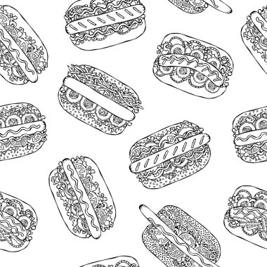 Hot Dog Sonu Olmayan Şablon. Bir sürü malzeme. Restoran ya da Cafe Menü Arkaplanı. Sokak Fast Food Koleksiyonu. Gerçekçi El Çizimi Yüksek Kaliteli Vektör İllüzyonu. Doodle Biçimi