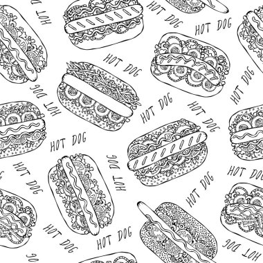 Hot Dog ve Lettering Lezzetsiz Sonsuz Desen. Bir sürü malzeme. Restoran ya da Cafe Menü Arkaplanı. Sokak Fast Food Koleksiyonu. Gerçekçi El Çizimi Yüksek Kaliteli Vektör İllüzyonu. Doodle Biçimi