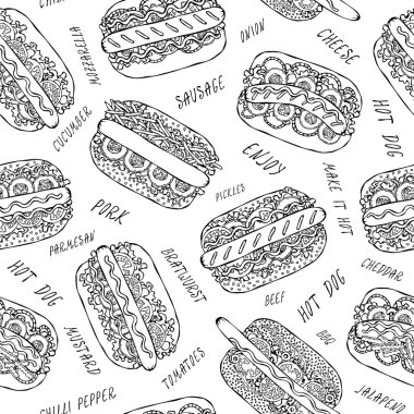 Hot Dog ve Lettering Lezzetsiz Sonsuz Desen. Bir sürü malzeme. Restoran ya da Cafe Menü Arkaplanı. Sokak Fast Food Koleksiyonu. Gerçekçi El Çizimi Yüksek Kaliteli Vektör İllüzyonu. Doodle Biçimi
