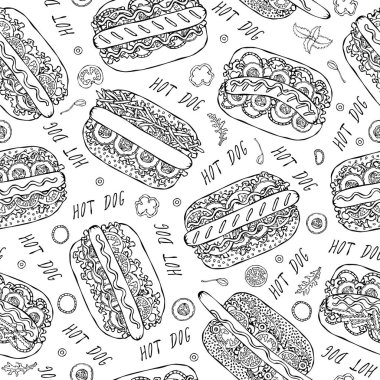 Hot Dog ve Lettering Lezzetsiz Sonsuz Desen. Bir sürü malzeme. Restoran ya da Cafe Menü Arkaplanı. Sokak Fast Food Koleksiyonu. Gerçekçi El Çizimi Yüksek Kaliteli Vektör İllüzyonu. Doodle Biçimi