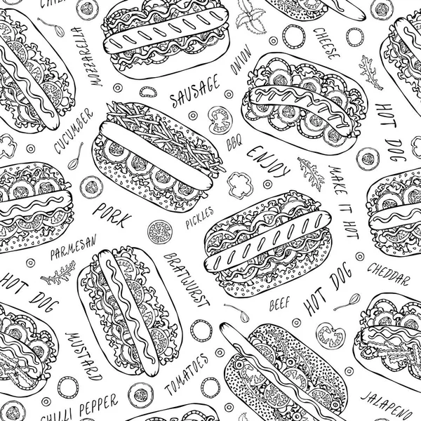 Hot Dog Belettering Naadloos Eindeloos Patroon Veel Ingrediënten Restaurant Cafe — Stockvector