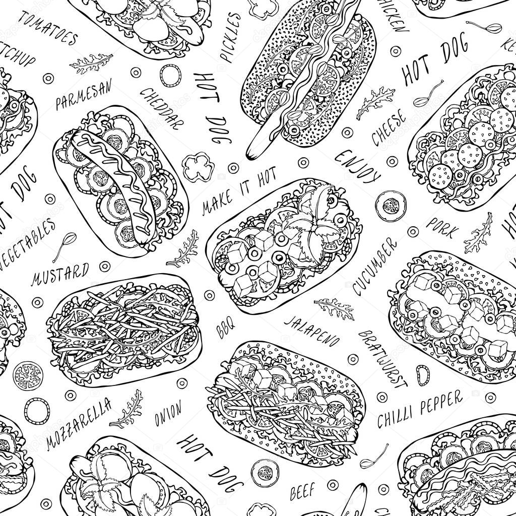 Hot Dog and Lettering Seamless Endless Pattern. Many Ingredients. Restaurant or Cafe Menu Background. Street Fast Food Collection. Realistic Hand Drawn High Quality Vector Illustration. Doodle Style