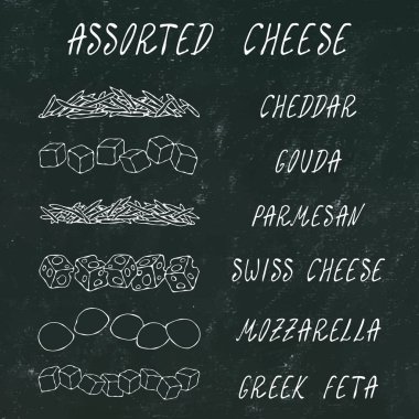 Çeşit çeşit peynir seti. Grated Chedder, Parmesan, Gouda, Swiss, Feta Cubes, Mini Mozzarella. Pizzanın içindekiler. El Çizimi Yüksek Kaliteli Temiz Vektör Gerçekçi İllüzyonu. Doodle stili. Kara Kamış tahtası