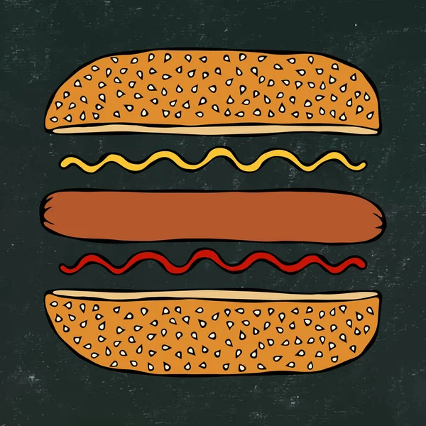 Hotdog Bun Sesame Sausage Ketchup Mustard Fast Food Collection Black — Stock Vector