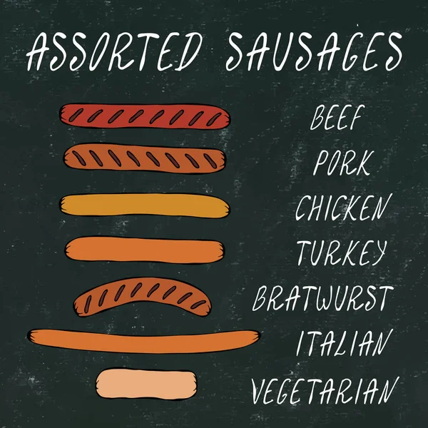 Set Assorted Sausages Fast Food Restaurant Bar Menu Ilustración Realista — Vector de stock