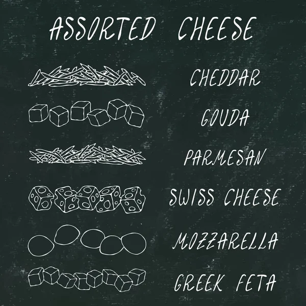 Assorted Cheese Set Grattugiato Chedder Parmigiano Gouda Svizzera Feta Cubes — Vettoriale Stock