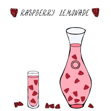 Decanter ve Tall Glass 'da ahududulu limonata. Summer Coctail Bar Koleksiyonu. Gerçekçi El Çizimi Yüksek Kaliteli Vektör İllüzyonu. Doodle Biçimi