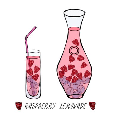 Decanter ve Tall Glass, Ice ve Straw 'da ahududulu limonata. Yazlık Tavuk Kuyruğu Koleksiyonu. Gerçekçi El Çizimi Yüksek Kaliteli Vektör İllüzyonu. Doodle Biçimi