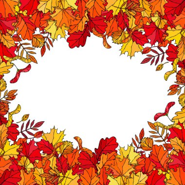 Düşen Yapraklarla Sonbahar Arkaplan Düzenleme Çerçevesi. Poster ya da kart. Maple Rowan, Oak, Hawthorn, Birch. Kırmızı, Turuncu ve Sarı. Gerçekçi El Çizimi Yüksek Kaliteli Vektör İllüzyonu. Doodle Biçimi