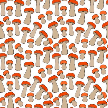 Kusursuz Sonsuz Kırmızı veya Turuncu Aspen Mantar Şablonu. Sonbahar veya Sonbahar Hasat Koleksiyonu. Gerçekçi El Çizimi Yüksek Kaliteli Vektör İllüzyonu. Doodle Biçimi