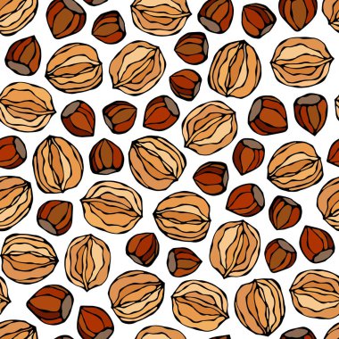 Fındık ve Cevizsiz Sonsuz Kalıp. Tam ve Soyulmuş Fındık. Sonbahar veya Sonbahar Hasat Koleksiyonu. Gerçekçi El Çizimi Yüksek Kaliteli Vektör İllüzyonu. Doodle Biçimi