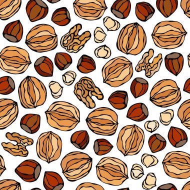 Fındık ve Cevizsiz Sonsuz Kalıp. Tam ve Soyulmuş Fındık. Sonbahar veya Sonbahar Hasat Koleksiyonu. Gerçekçi El Çizimi Yüksek Kaliteli Vektör İllüzyonu. Doodle Biçimi