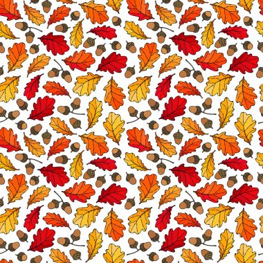 Kusursuz Sonsuz Meşe Yaprakları ve Meşe Palamutları. Kırmızı, Turuncu ve Sarı. Sonbahar veya Sonbahar Hasat Koleksiyonu. Gerçekçi El Çizimi Yüksek Kaliteli Vektör İllüzyonu. Doodle Biçimi