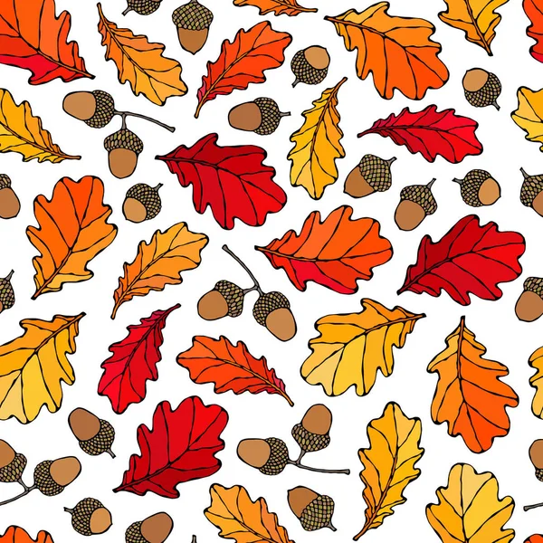 Patrón Sin Costuras Oak Leaves Acorns Rojo Naranja Amarillo Recogida — Archivo Imágenes Vectoriales