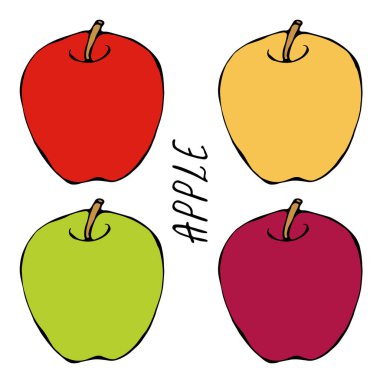 Taze Fruit Red, Green, Yellow Apple ve Leaf Nutrition Diet. Sonbahar veya Sonbahar Sebze Hasadı Koleksiyonu. Gerçekçi El Çizimi Yüksek Kaliteli Vektör İllüzyonu. Doodle Biçimi