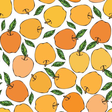 Sarı Elmasız Sonsuz Desen. Kırmızı Elma Meyvesi. Ev yapımı bira. Sonbahar veya Sonbahar Sebze Hasadı Koleksiyonu. Gerçekçi El Çizimi Yüksek Kaliteli Vektör İllüzyonu. Doodle Biçimi