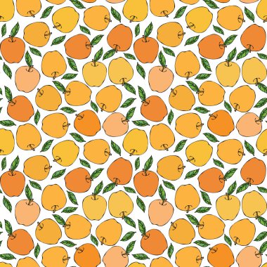 Sarı Elmasız Sonsuz Desen. Kırmızı Elma Meyvesi. Ev yapımı bira. Sonbahar veya Sonbahar Sebze Hasadı Koleksiyonu. Gerçekçi El Çizimi Yüksek Kaliteli Vektör İllüzyonu. Doodle Biçimi