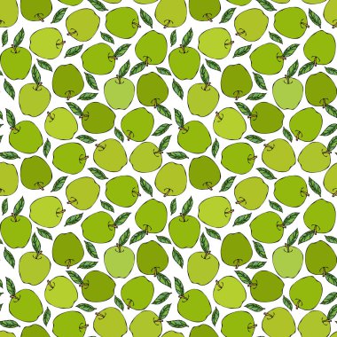 Yeşil Elmasız Sonsuz Desen. Kırmızı Elma Meyvesi. Ev yapımı bira. Sonbahar veya Sonbahar Sebze Hasadı Koleksiyonu. Gerçekçi El Çizimi Yüksek Kaliteli Vektör İllüzyonu. Doodle Biçimi