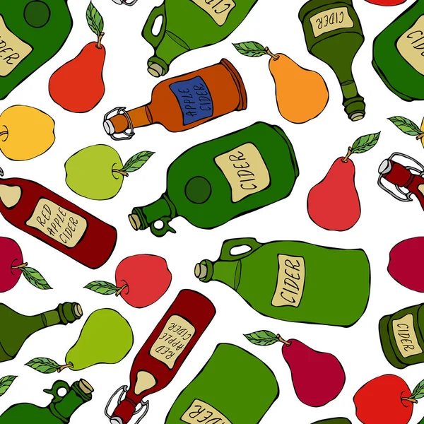 Des Pommes Des Poires Cidre Dans Des Bouteilles Verre Collection — Image vectorielle