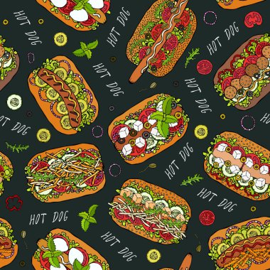 Kara tahta. Hot Dog ve Lettering Lezzetsiz Sonsuz Desen. Bir sürü. Restoran ya da Cafe Menü Arkaplanı. Sokak Fast Food Koleksiyonu. Gerçekçi El Çizimi Yüksek Kaliteli Vektör İllüzyonu. Doodle Biçimi