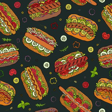 Kara tahta. Hot Dog ve Lettering Lezzetsiz Sonsuz Desen. Bir sürü. Restoran ya da Cafe Menü Arkaplanı. Sokak Fast Food Koleksiyonu. Gerçekçi El Çizimi Yüksek Kaliteli Vektör İllüzyonu. Doodle Biçimi