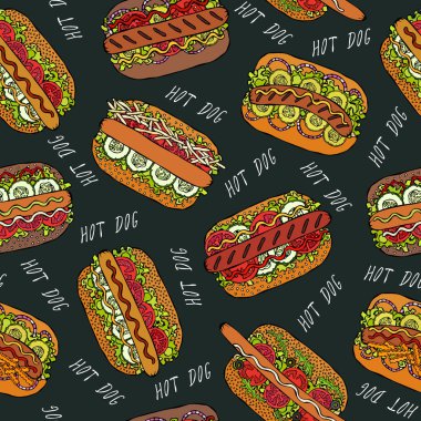 Kara tahta. Hot Dog ve Lettering Lezzetsiz Sonsuz Desen. Bir sürü. Restoran ya da Cafe Menü Arkaplanı. Sokak Fast Food Koleksiyonu. Gerçekçi El Çizimi Yüksek Kaliteli Vektör İllüzyonu. Doodle Biçimi