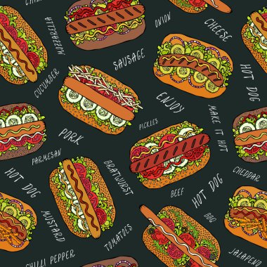 Kara tahta. Hot Dog ve Lettering Lezzetsiz Sonsuz Desen. Bir sürü. Restoran ya da Cafe Menü Arkaplanı. Sokak Fast Food Koleksiyonu. Gerçekçi El Çizimi Yüksek Kaliteli Vektör İllüzyonu. Doodle Biçimi