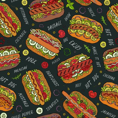 Kara tahta. Hot Dog ve Lettering Lezzetsiz Sonsuz Desen. Bir sürü. Restoran ya da Cafe Menü Arkaplanı. Sokak Fast Food Koleksiyonu. Gerçekçi El Çizimi Yüksek Kaliteli Vektör İllüzyonu. Doodle Biçimi