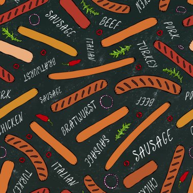 Kara tahta. Kusursuz Sonsuz Farklı Sosislerin Arkaplan Örnekleri. Yiyecek Koleksiyonu. Gerçekçi El Çizimi Yüksek Kaliteli Vektör İllüzyonu. Doodle Biçimi