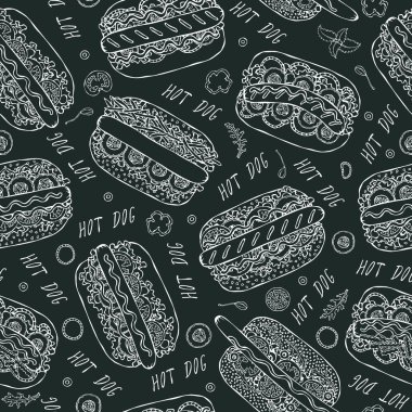 Kara tahta. Hot Dog ve Lettering Lezzetsiz Sonsuz Desen. Bir sürü. Restoran ya da Cafe Menü Arkaplanı. Sokak Fast Food Koleksiyonu. Gerçekçi El Çizimi Yüksek Kaliteli Vektör İllüzyonu. Doodle Biçimi
