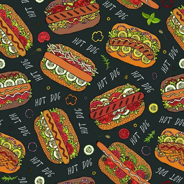 Zwart Bord Hot Dog Belettering Naadloos Eindeloos Patroon Heel Veel — Stockvector