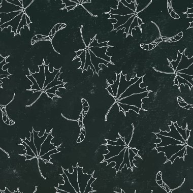 Black Board. Seamless Endless Pattern of Maple Leaves and Seeds Red,, Orange and Yellow. Realistic Hand Drawn High Quality Vector Illustration. Doodle Style clipart