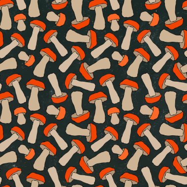 Kara tahta. Kusursuz Sonsuz Kırmızı veya Turuncu Aspen Mantar Şablonu. Sonbahar veya Sonbahar Hasat Koleksiyonu. Gerçekçi El Çizimi Yüksek Kaliteli Vektör İllüzyonu. Doodle Biçimi