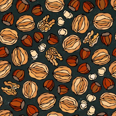 Kara tahta. Fındık ve ceviz Dikişsiz desen sonsuz. Bütün ve soyulmuş fındık. Sonbahar veya sonbaharda hasat toplama. Gerçekçi el yüksek kaliteli vektör çizim çekilmiş. Doodle stili.