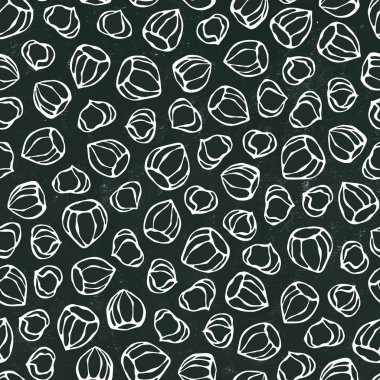 Kara tahta. Fındıksız Sonsuz Kalıp. Tam ve Soyulmuş Fındık. Sonbahar veya Sonbahar Hasat Koleksiyonu. Gerçekçi El Çizimi Yüksek Kaliteli Vektör İllüzyonu. Doodle Biçimi.