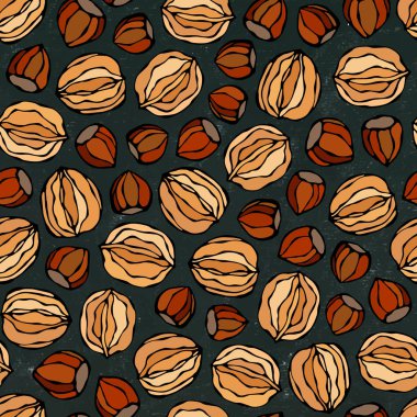 Kara tahta. Fındık ve ceviz Dikişsiz desen sonsuz. Bütün ve soyulmuş fındık. Sonbahar veya sonbaharda hasat toplama. Gerçekçi el yüksek kaliteli vektör çizim çekilmiş. Doodle stili.