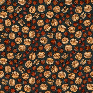 Kara tahta. Fındık ve ceviz Dikişsiz desen sonsuz. Bütün ve soyulmuş fındık. Sonbahar veya sonbaharda hasat toplama. Gerçekçi el yüksek kaliteli vektör çizim çekilmiş. Doodle stili.