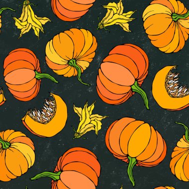 Kara tahta. Kabak seamless sonsuz modeli. Tüm turuncu kabak, çiçek sonbahar sonbahar sebze hasat toplama yarısı. Gerçekçi el yüksek kaliteli vektör çizim çekilmiş. Doodle stili.